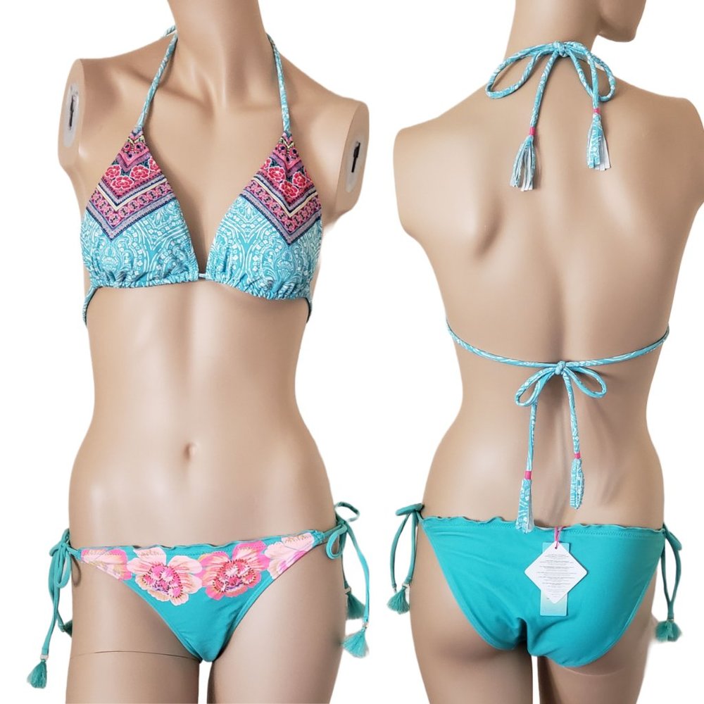 Accessorize Triangle Bra String Hipster SZ S/M Turquoise Blue